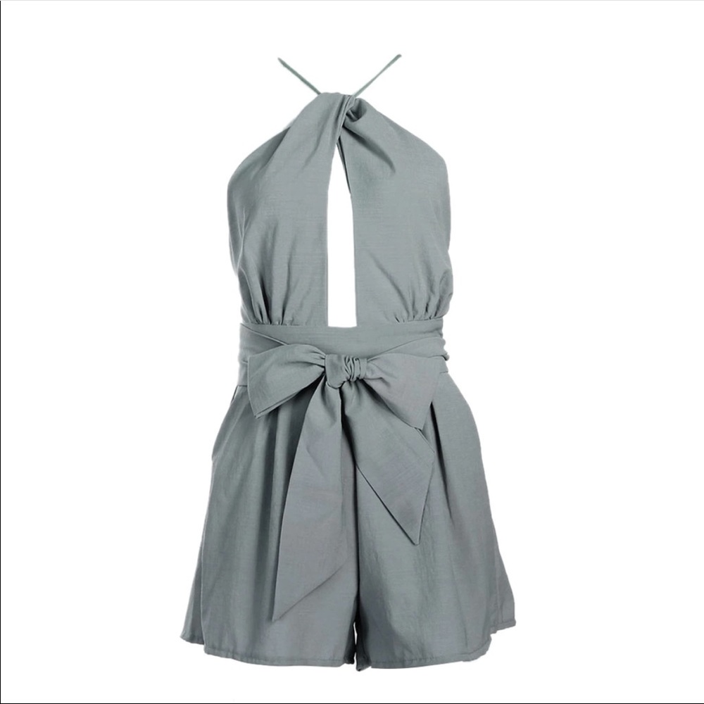 Halter neck Grey Backless Romper Jumpsuit - Picture 4 of 8